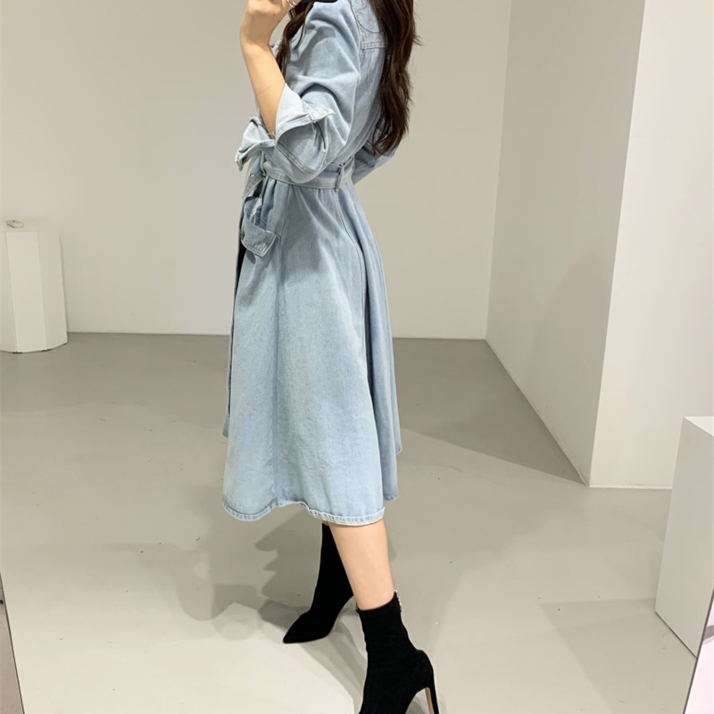 Autumn And Winter Women Denim Dresses Casual Mid-Calf Square Collar Single Breasted Pockets Office Chic 210520
