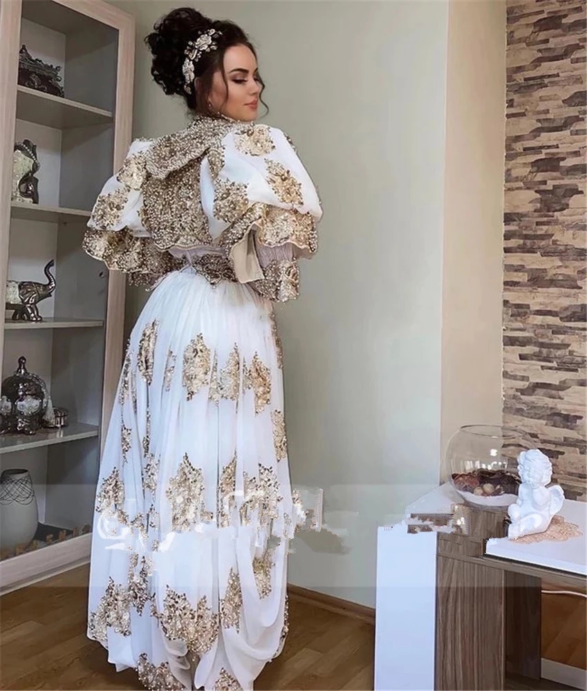 2022 Algeria Caftan Marocain de soirée Wedding Gowns gold lace long sleeve Arabic Traditional Kosovo vestidos Bridal Party Dresses