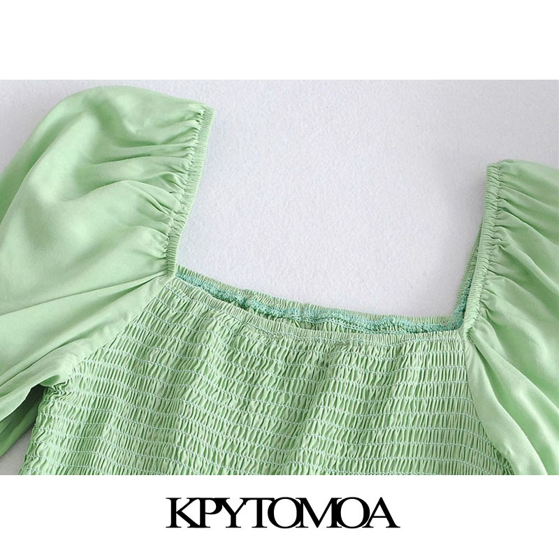 Women Sweet Fashion Elastic Smocked Ruffled Mini Dress Square Collar Puff Sleeves Female Dresses Vestidos 210420