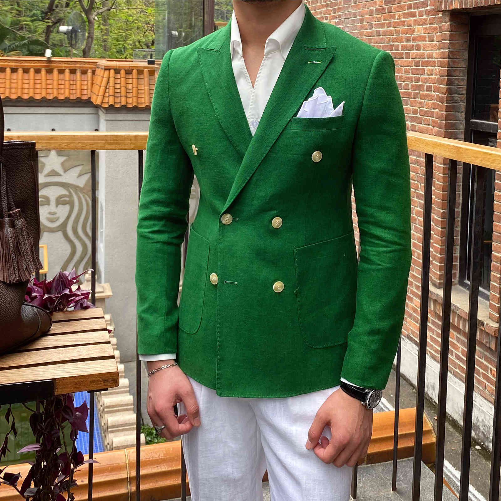 High Quality Linen Men Blazers Double-breasted Thin Casual Suit British Slim Wedding Business Coat Streetwear Social Blazer 210527