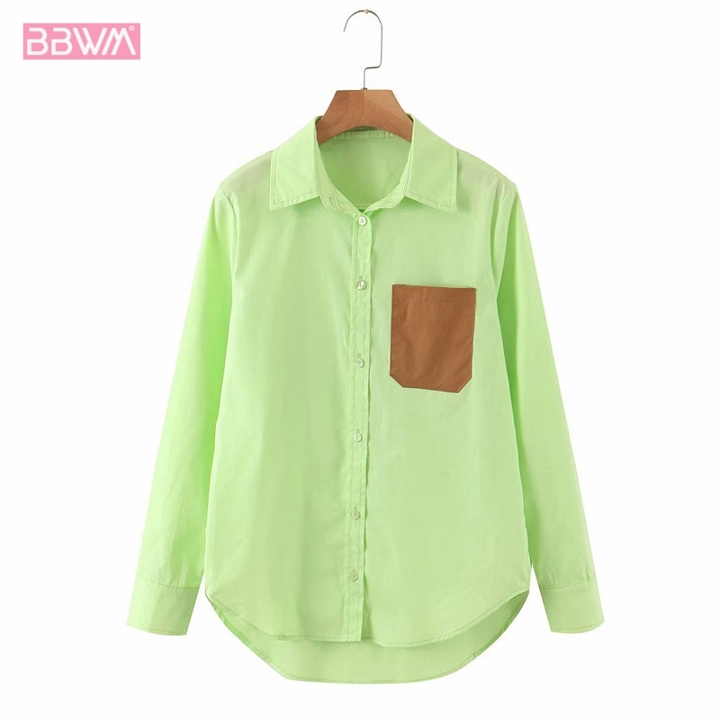 Harajuku Lapel Long-sleeved Pocket Single-breasted Fluorescent Green Chic Women's Shirt Versatile Hit Color Female Shirt Tops 210507