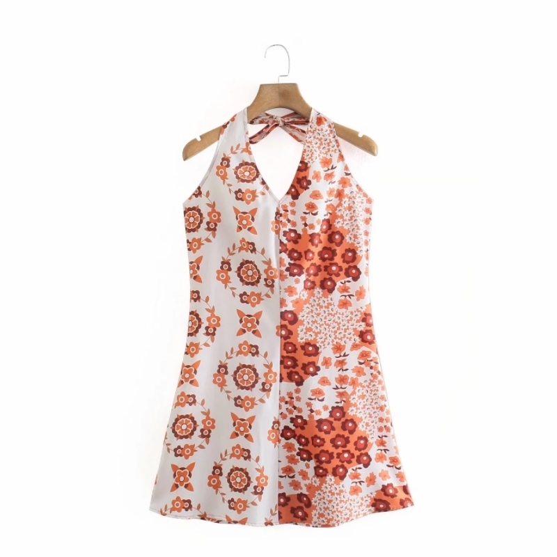 Summer Women Flower Printing Splicing Halter Mini Dress Female Sleeveless Clothes Casual Lady Loose Vestido D7713 210430Z