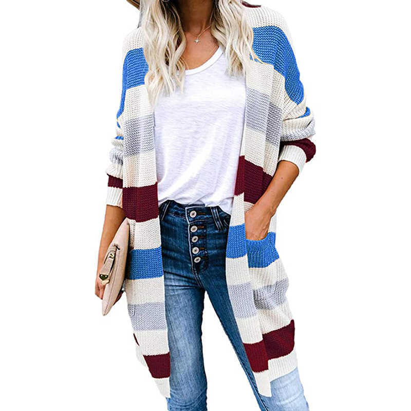 Woman Casual Long V-Neck Cardigans Knitted Sweater for Womens Autumn Female Colorful Striped Sleeve Pockets Cardigan 210604