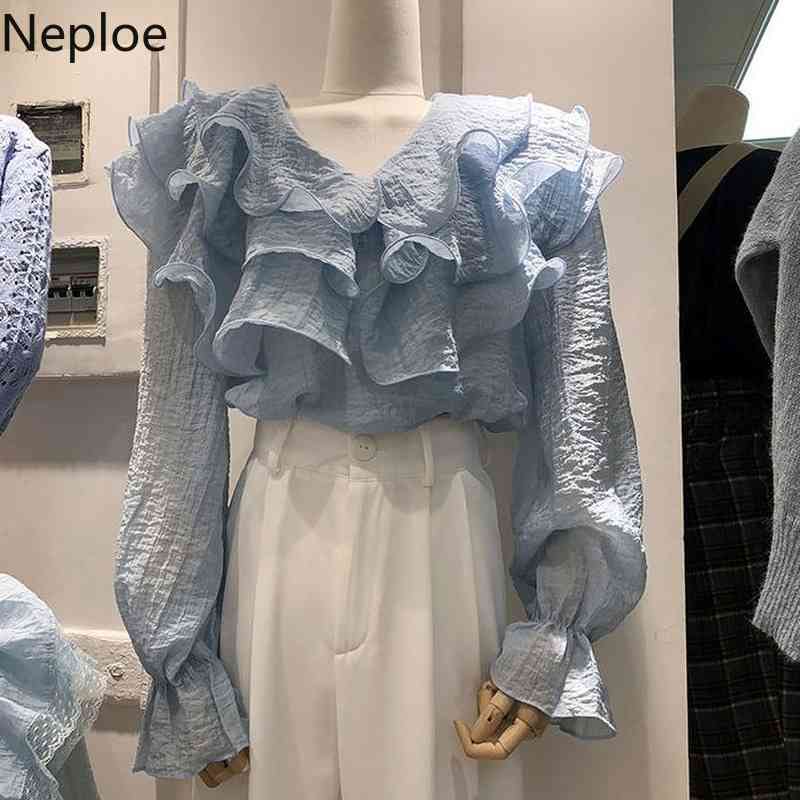 Neploe Fashion Women Blouse Flare Sleeve V Neck Heavy Ruffle Loose All-match Shirt Korean Chiffon Blusas White Elegant Tops 210422