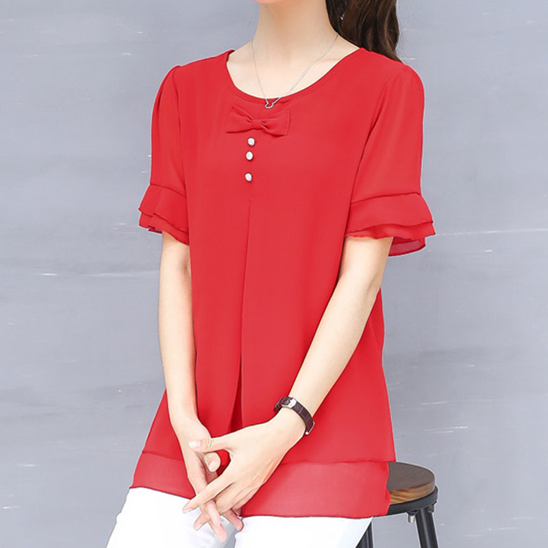 Summer Chiffon O-neck Short Sleeve Blouses and Tops Women Solid Bow Plus Size Flare Shirts Blusas 4832 210518