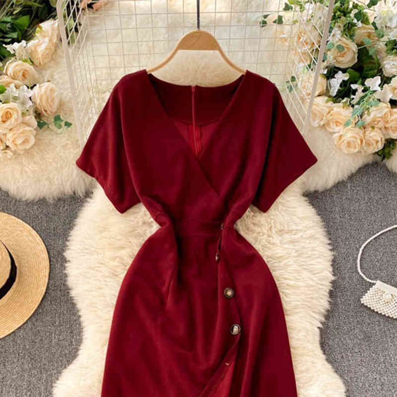 LoveFlowerLife Spring Summer Solid V Neck Button Dress High Waist Sexy Fashion Mid-Calf Women Party Dresses 210521