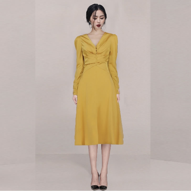 High Quality Runway Women Party Dress Autumn Yellow Long Sleeve Bodycon Midi Elegant V Neck Slim Button Vestidos 210519