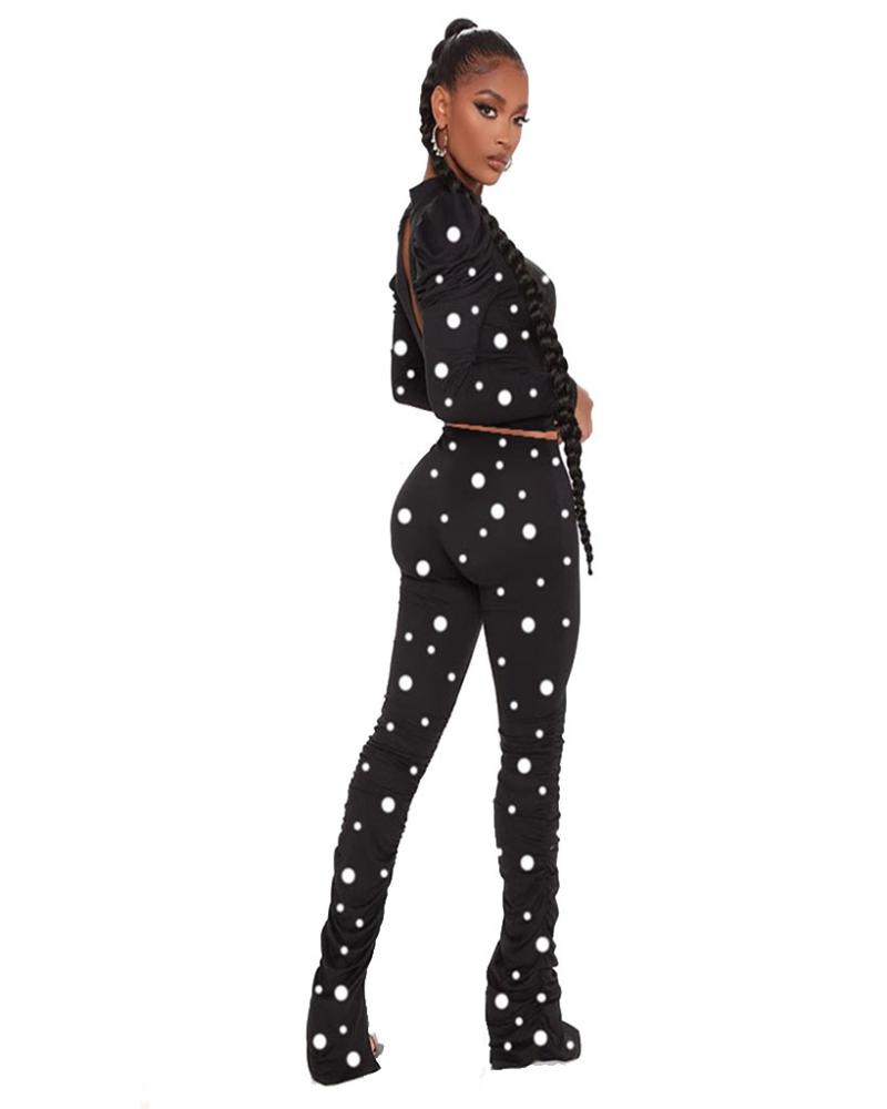 Black White Dot Printed Elegant Work Wear Women Two Piece Outfits Long Sleeve Slim-Fit Crop Top Tunic High Waisted Pants Sets Women's Tracks