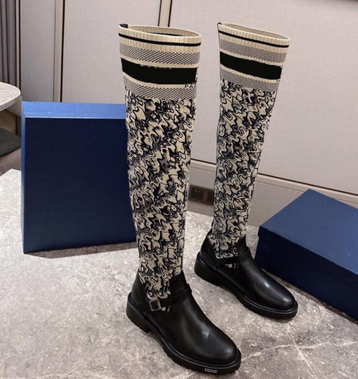 New knitted high boots leather fashion casual ladies knight boots embroidery logoD high quality winter high boots
