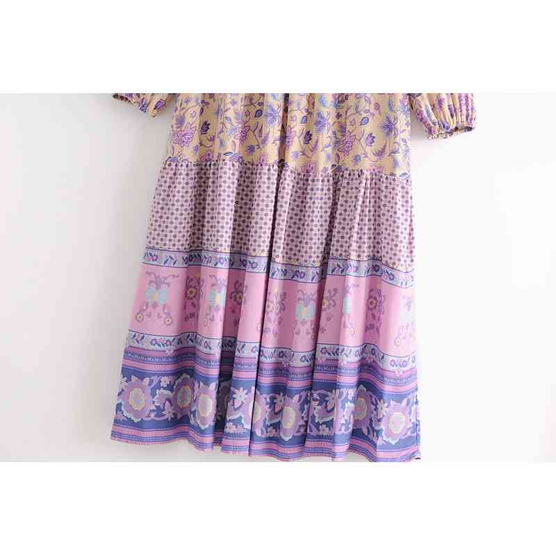 Summer Women's Boho Style Lace-Up Positioning Vintage Printing Long Sleeve Fringe Stitching Lace Dress 210514