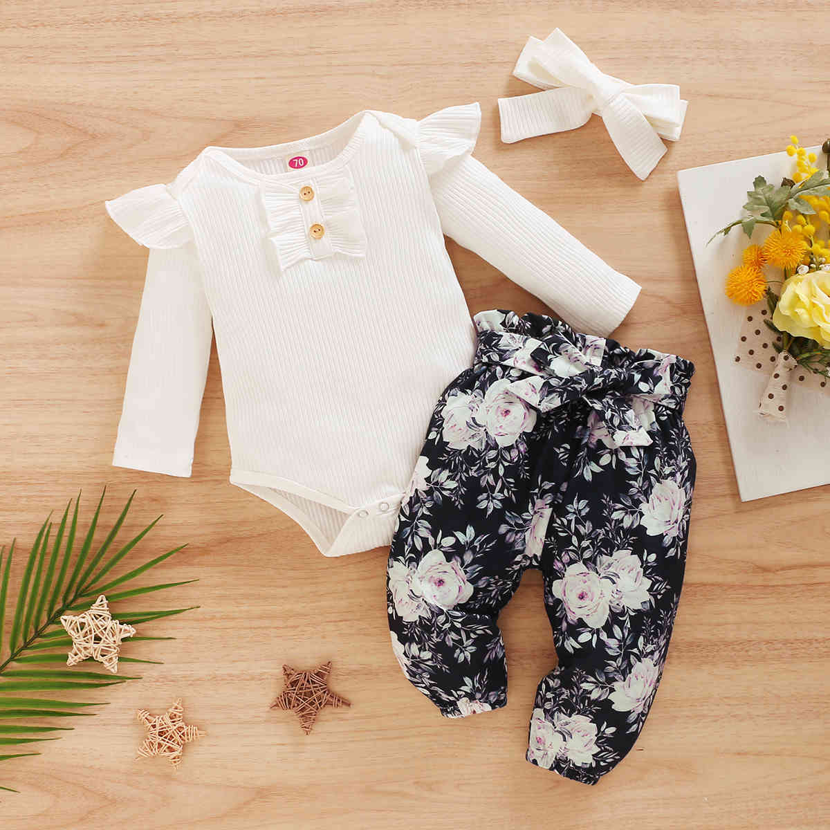 3-24M Autumn Spring born Infant Toddler Baby Girl Flower Clothes Set Knitted Romper Floral Pant Outfits Clothing 210515