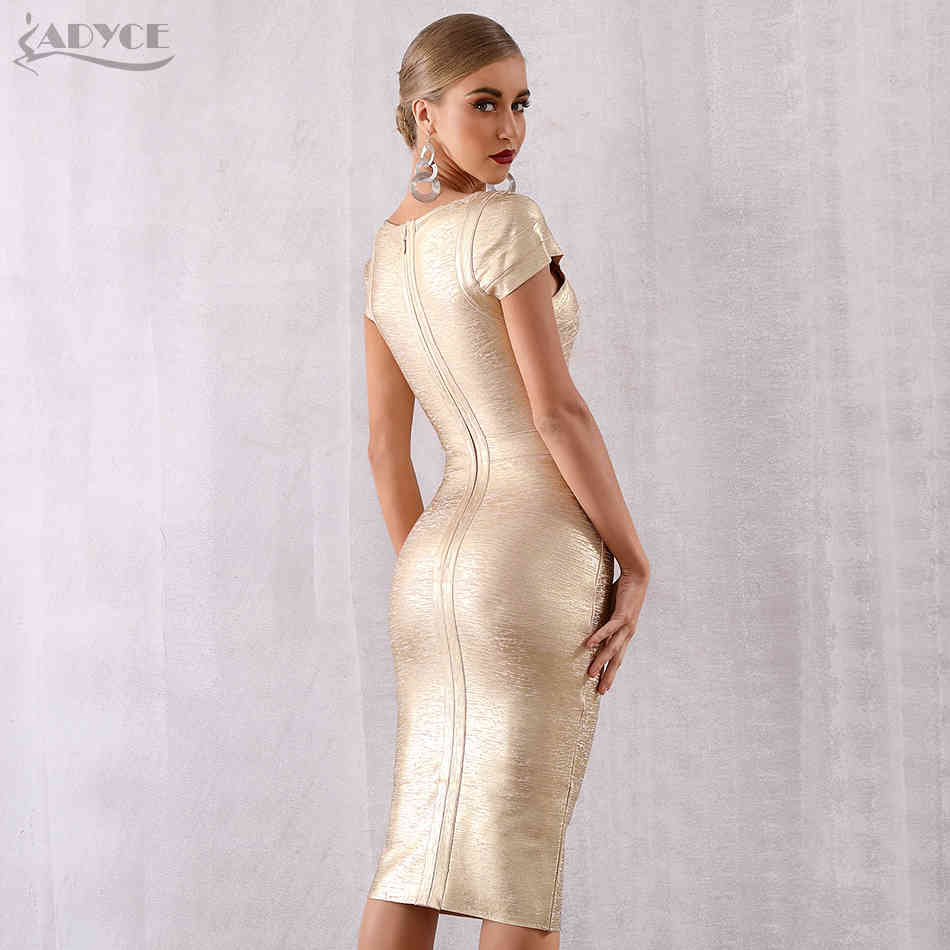 ADYCE New Summer Gold Bandage Dress Women Vestido Sexy Short Sleeve Bodycon Club Dress Midi Celebrity Evening Party Dresses 210329