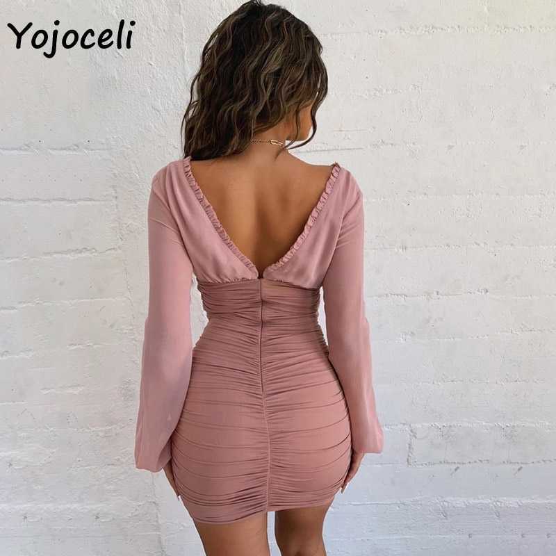 Yojoceli sexy v neck party club dres long sleeve ruffle bodycon mini female vestidos 210609