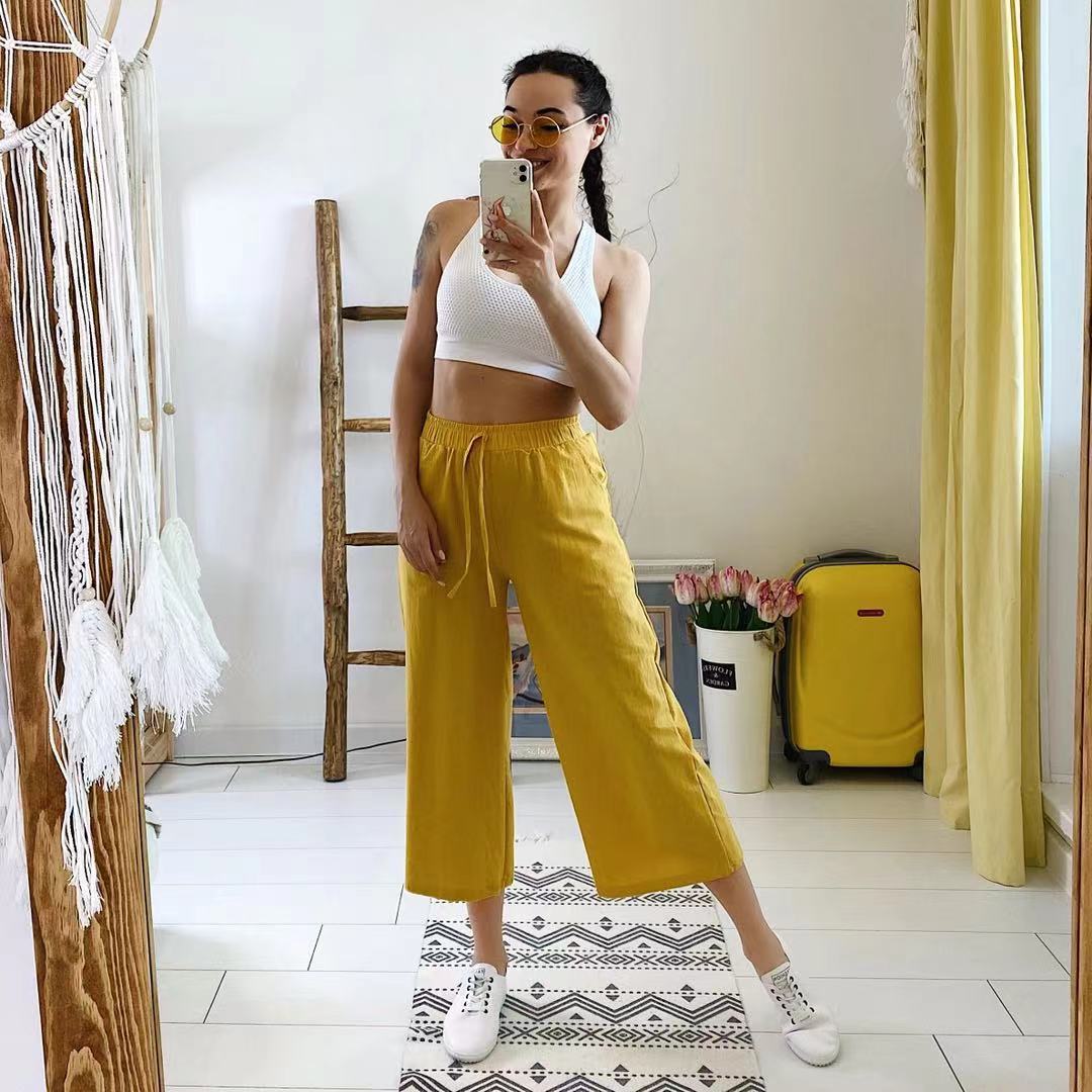 Spring Summer Women Wide leg Pants cotton linen Calf-Length pants Casual loose solid straight women soft 210524