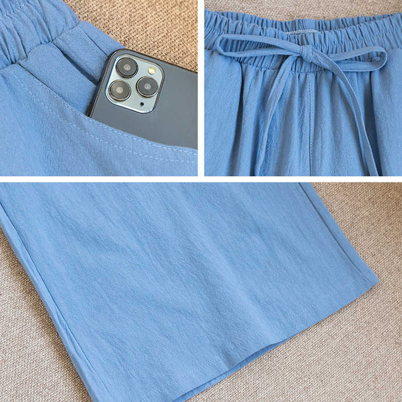 Women Wide Leg Pants Spring Summer Cotton Linen Calf-Length Casual Loose Solid Elastic Waist Soft Straight Trousers Female 210526