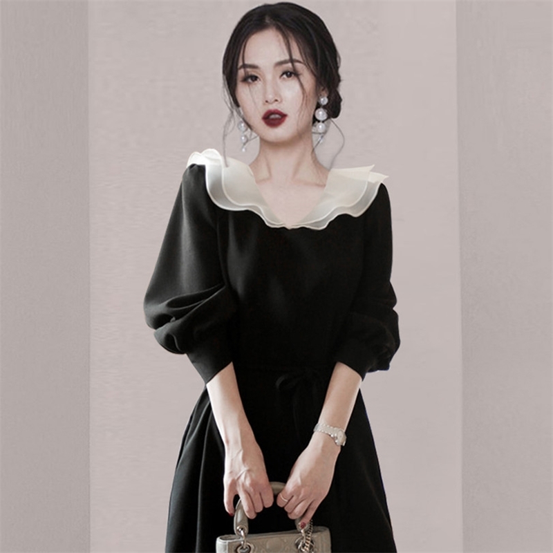 Women Spring Autunm Dresses Ladies Long Sleeve Vintage High Waist Mid-Length Black Vestidos 210520