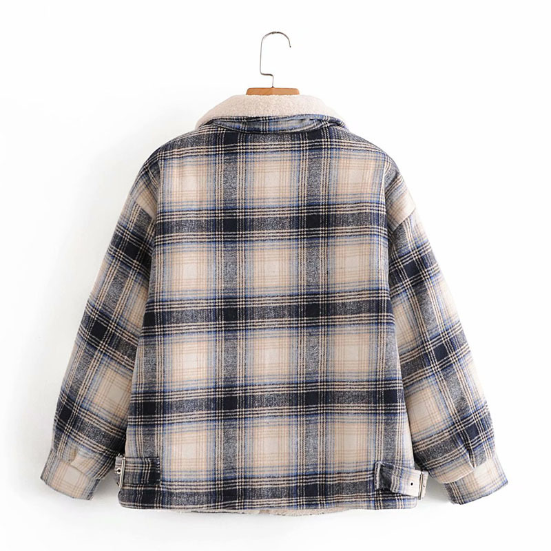 Lapel Long Sleeves Thick Warm Vintage Lattice Lambswool Women's Jacket Coat Fashion Loose with Pockets Chic Female Tops 210507