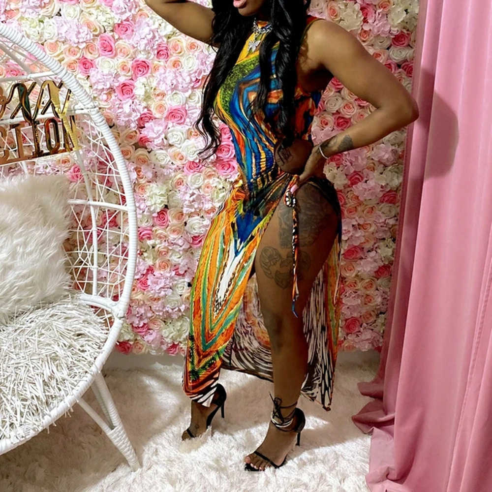 Women Plus Size Slit Printed Asymmetrical Hem Sexy Dress 210702