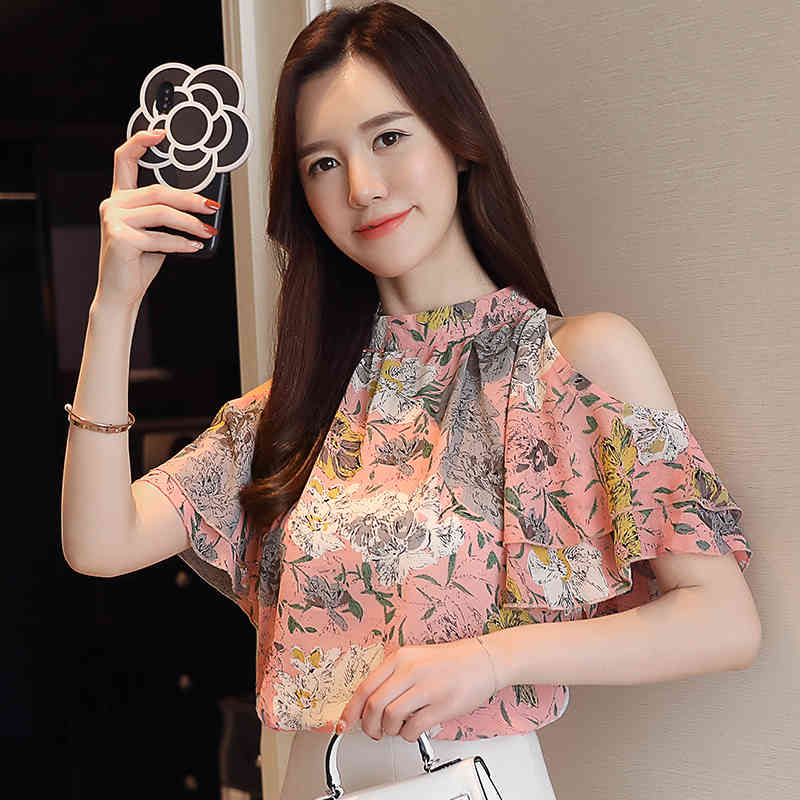 fashion woman blouses print chiffon women blouse shirt off shoulder tops summer womens and blusas 0175 60 210506