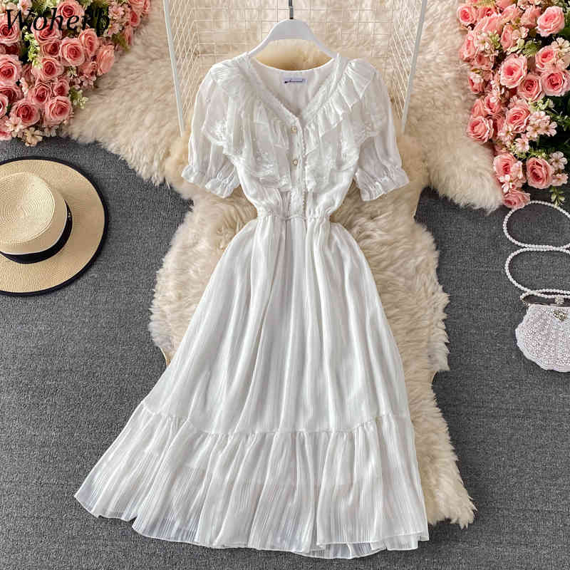 Lace Beading Midi Dress Women Vintage V Neck Short Sleeve High Waist A-Line Vestidos Summer Robe Sweet Dresses 210519