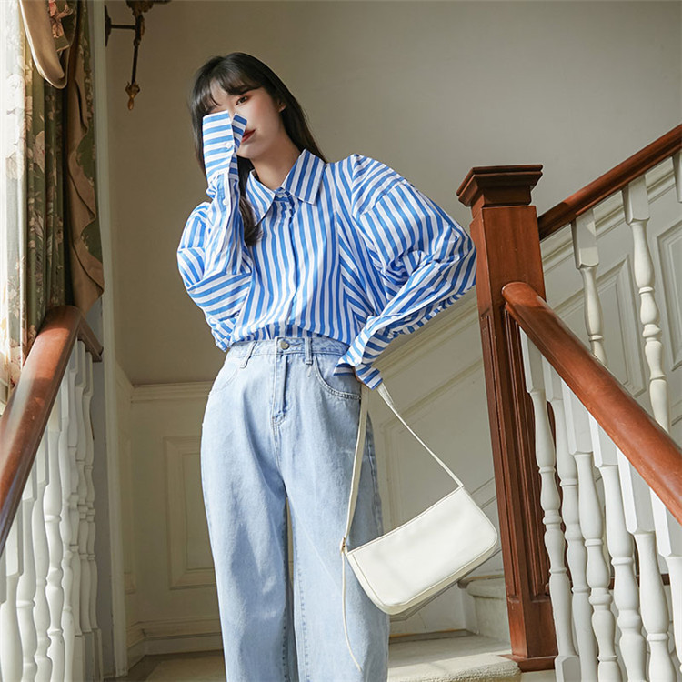Fashion Women Shirt Female Tops Long Sleeve Casual Turn-down Collar Women's Loose Striped Blouse ZA5796 210427
