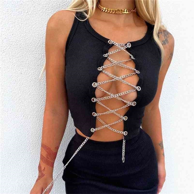 Sexy Woman Black Slim Hollow Out Crop Tops Summer Fashion Y2K Chain Patchwork Top Ladies Stretchy Lacing Knit Vest 210515