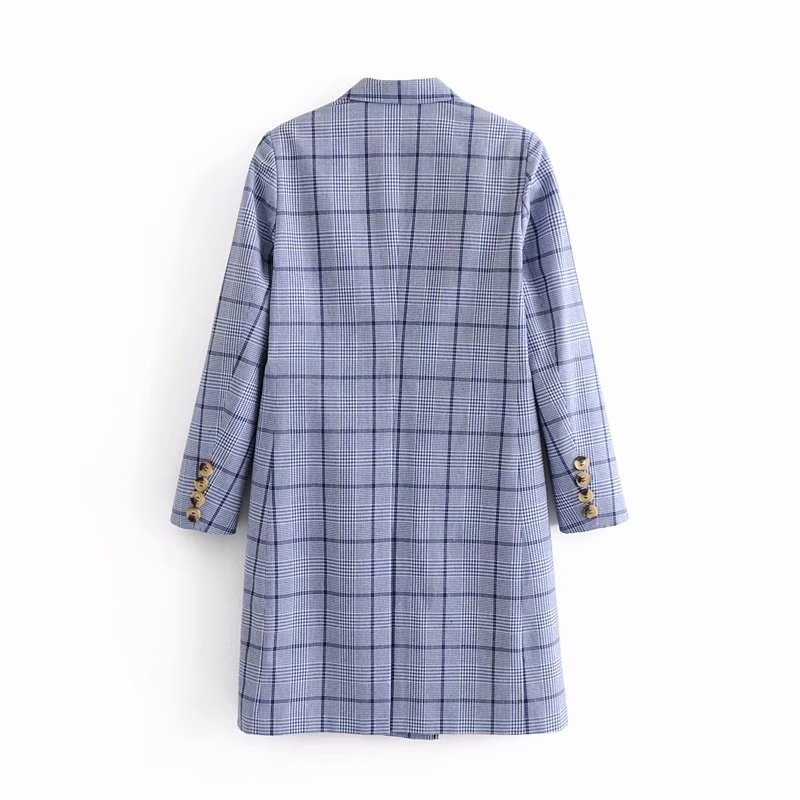 spring autumn Korean blue plaid blazer coat windbreaker double-breasted casual British style long suit jacket for woman 210508