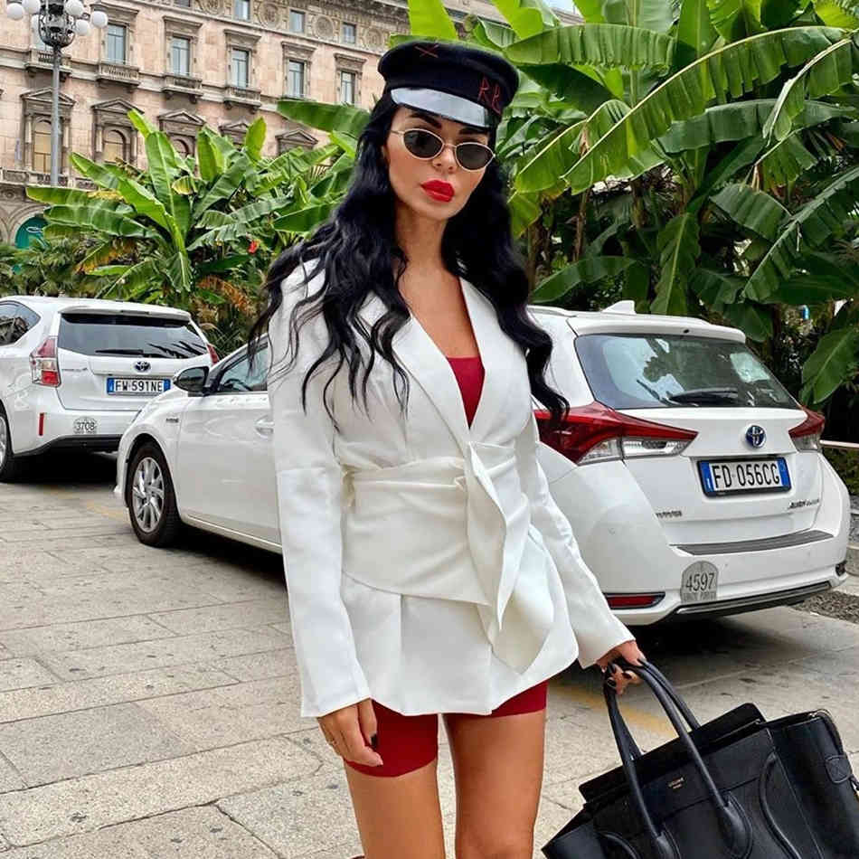 Women's White Knot Split Irregular Casual Jacket V-neck Belt Long Sleeve Loose Fit Fashion Summer Fall 210525