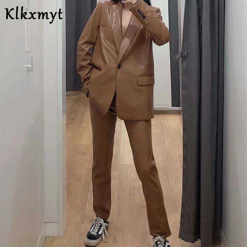 Klkxmyt 2 pieces sets women chic fashion single button pu leather blazers jackets tops and pants trousers set 210527