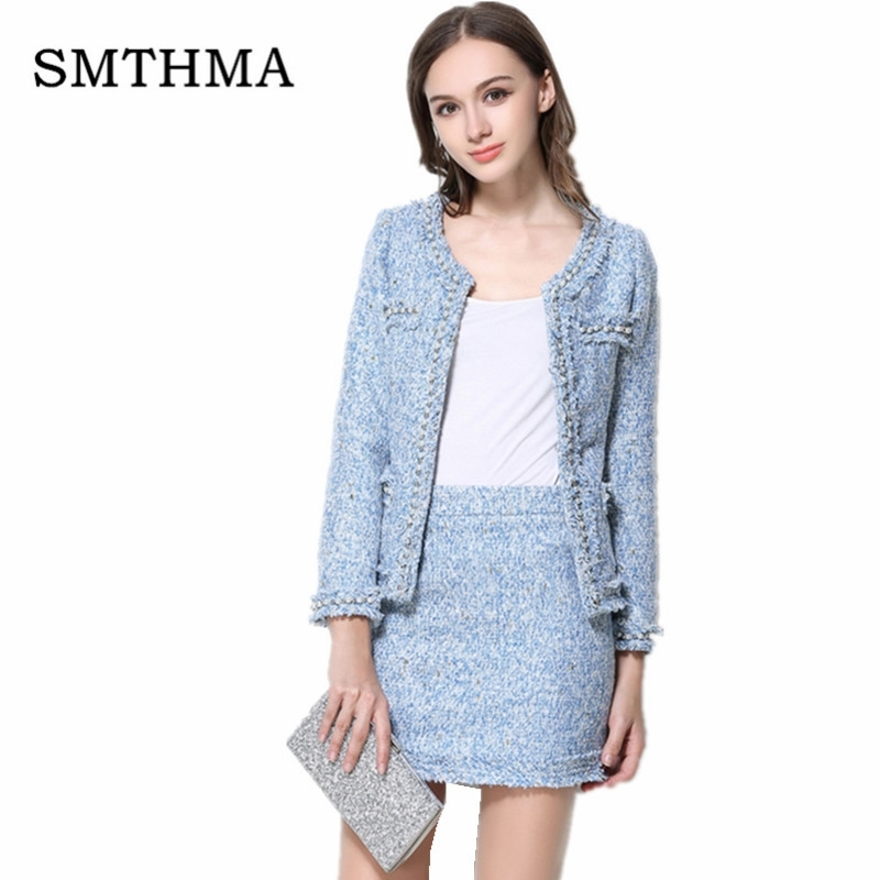 HIGH Quality Runway Winter Long Sleeve Beading Tweed Jacket Coat +Women Two Piece Skirt Set S-XXL 210520