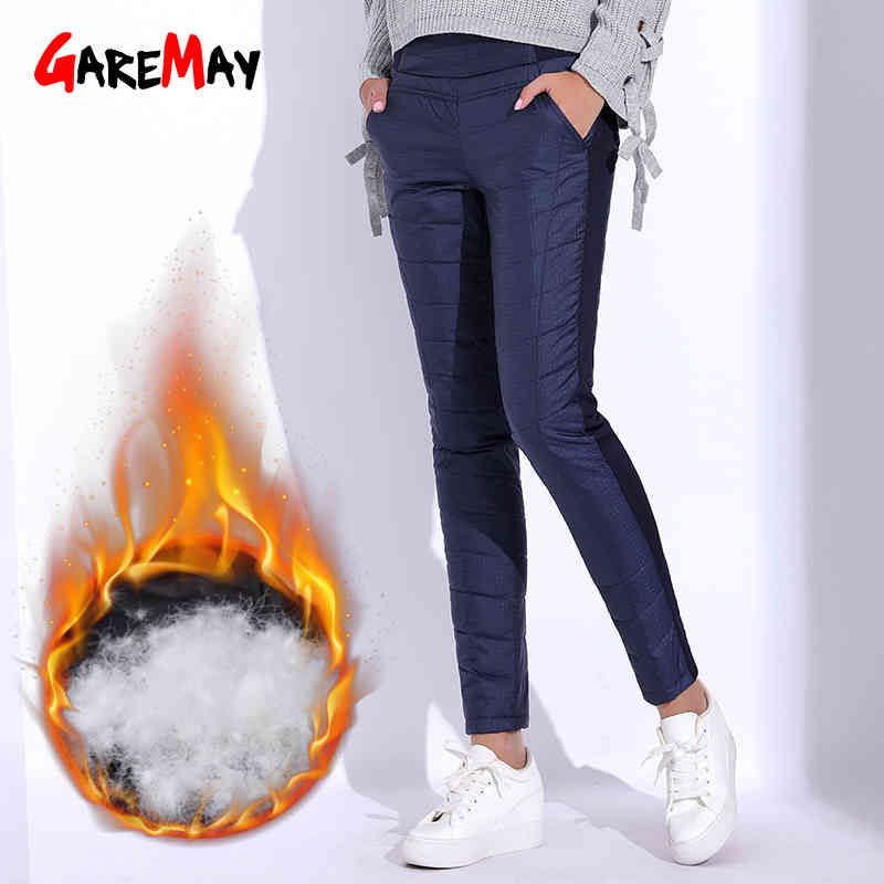 Winter Pant for Women High Waist Elastic Elegant Casual Down Pants Women's Warm Velvet Pencil Classic Thicken GAREMAY 210428