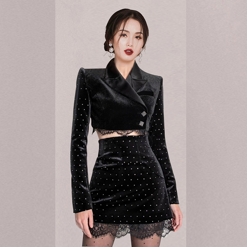 High Quality Korean Women Two Piece Set Elegant Black Dot Velvet Short Coat And Waist Bodycon Lace Patchwork Skirt Suit 210519