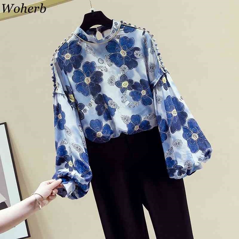 Elegant Floral Blouse Women Shirts Summer Stand Collar Long Lantern Sleeve Blusas Ladies Casual All Match Blouses 210519