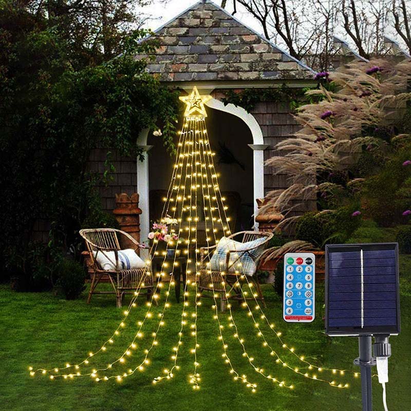 LED Five-Pointed Star Waterfall Lights Christmas Hanging Tree Rooftop Decoration Meteor Lights for Outdoor Courtyard Remote Control Solar Powered