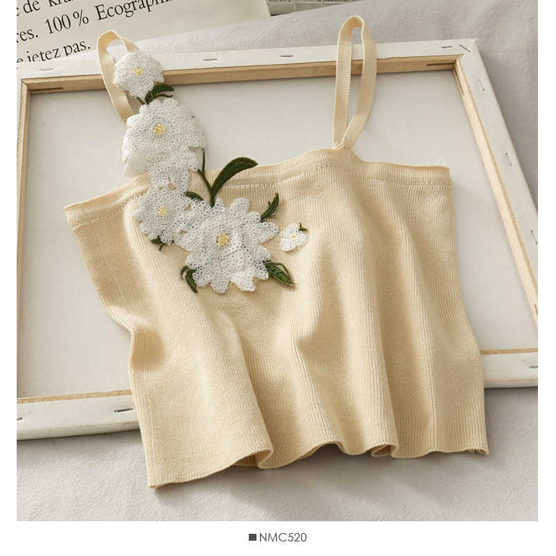 Cute Women Crop Top Strappy Sleeveless Flower Appliques Fitness Streetwear Female Camis W105 210526