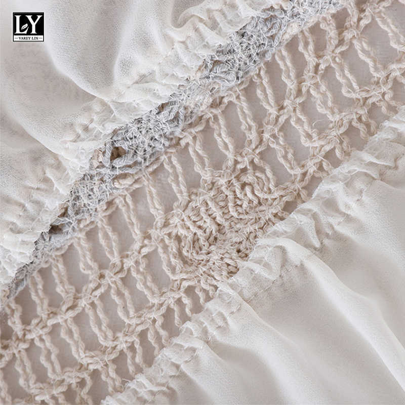 LY VAREY LIN Summer Women Sweet V-neck Lantern Sleeve Female White Shirts Tops Casual Hollow Out Crochet Short Chiffon 210526