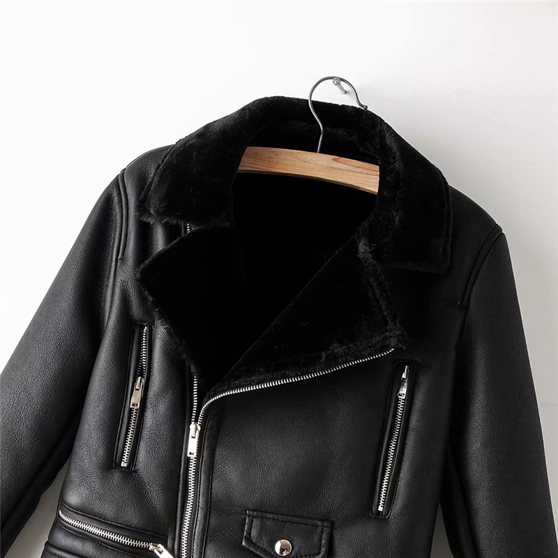 fashion women faux lamb wool fur leather jacket winter lady black thick jackets female zipper suits chic girls outerwear 210527