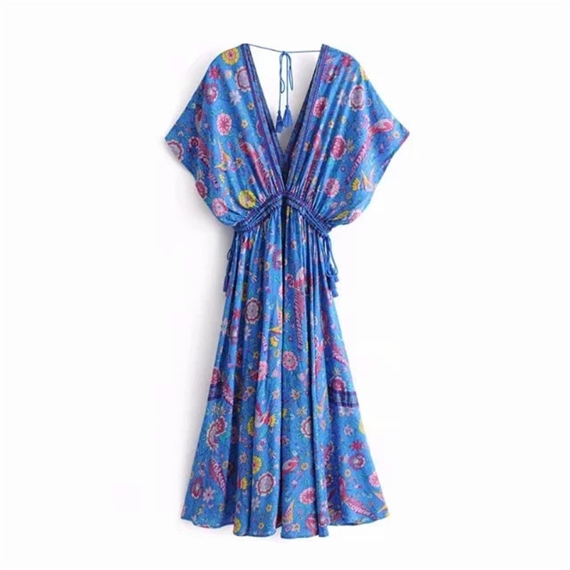 Fashion Boho Long Dress Folk Style Vintage Summer Cotton Print V-neck Bat Sleeve Drawstring Holiday Midi For Woman 210514