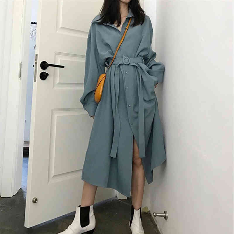 Autumn Winter Women Dress Solid Elegant Long Shirt Female Sleeve Bandage Casual Outwear Split Vestidos 210515