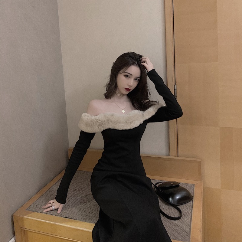 Elegant Vintage Dress Women Long Sleeve Sexy Fur Collar Evening Party Black Dress Female Dress Korean Autumn Chic 210521