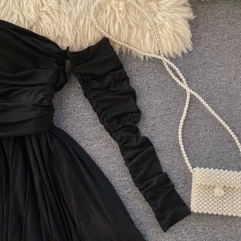 DEAT Spring Solid Long Sleeve Asymmetrical Collar Off Shoulder Fashion Party Dresses Office Lady Ruched Robe MI488 210709