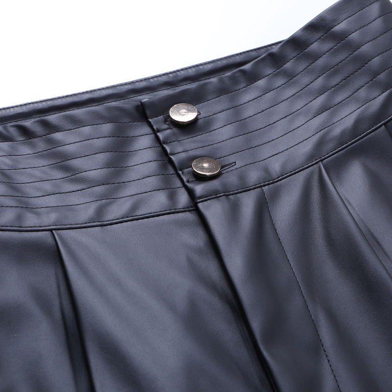 Women Pants Capris High Waisted PU Leather Trousers Black Wide Leg Loose Long Ladies 210513