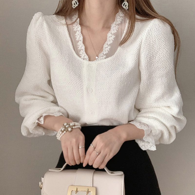 Blouse Women Korean Chic Elegant Shirts V-neck Lace Hollow Out Patchwork Blouses Loose Puff Sleeve White Tops 210519