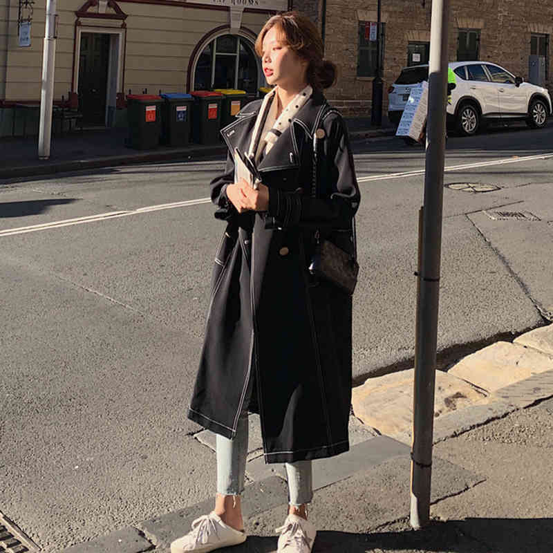 Black Denim Casual Trench Coat For Women Lapel Long Sleeve Double Breasted Korean Female Autumn Clothes 210524