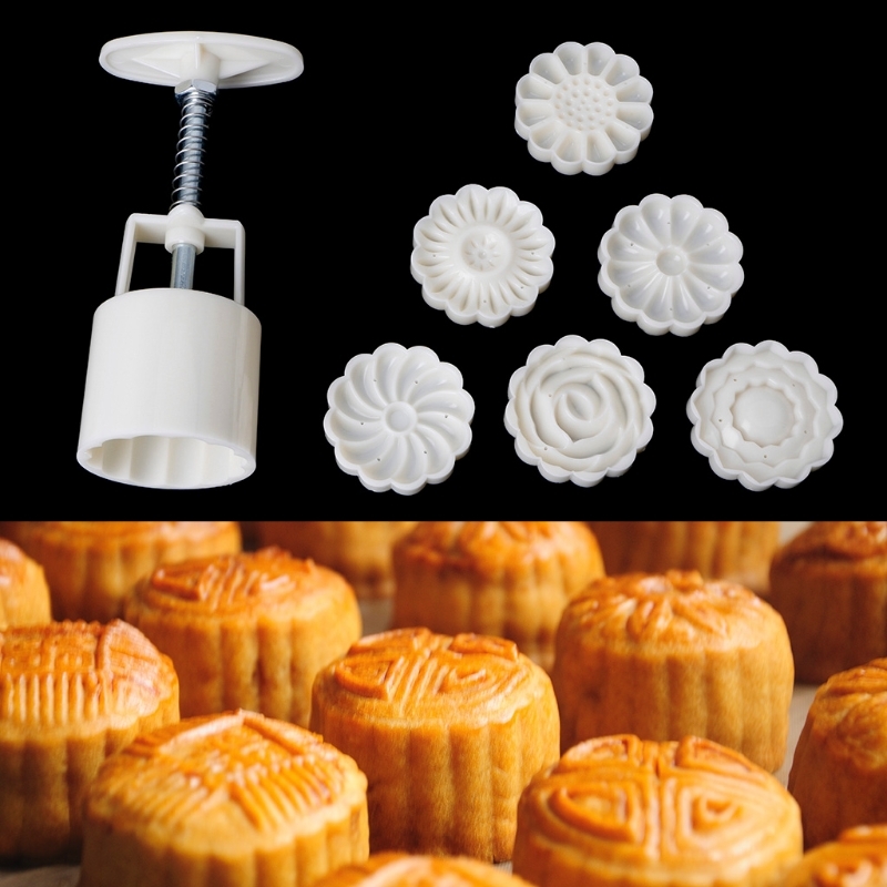 Moon Cake Mould Mold With 6Pcs Stamps Around Flower Baked Mooncake Hand Diy Tool