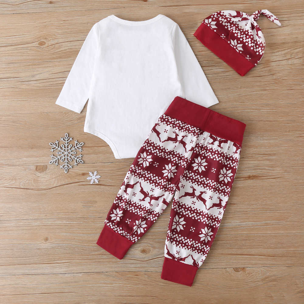 Arrivals Winter Boys Sets Long Sleeve Rompers Red Patchwork Trousers Cute Hat Christmas style 3Pcs Clothes 210629