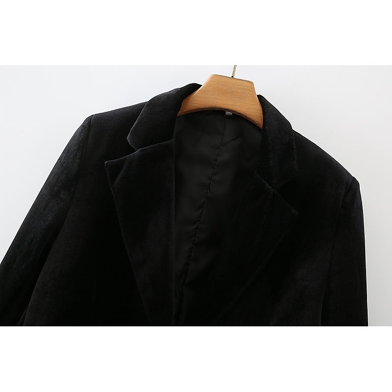Causal Women Black Velvet Slim Jacket Fashion Ladies Single Button Blazers Streetwear Female Chic Pocket Coats 210527