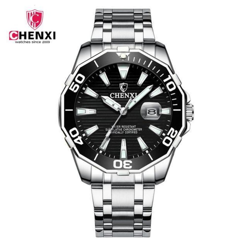 7A+CHENXI Business Men Watch Silver Stainless Steel Black Casual For Big Dial W…