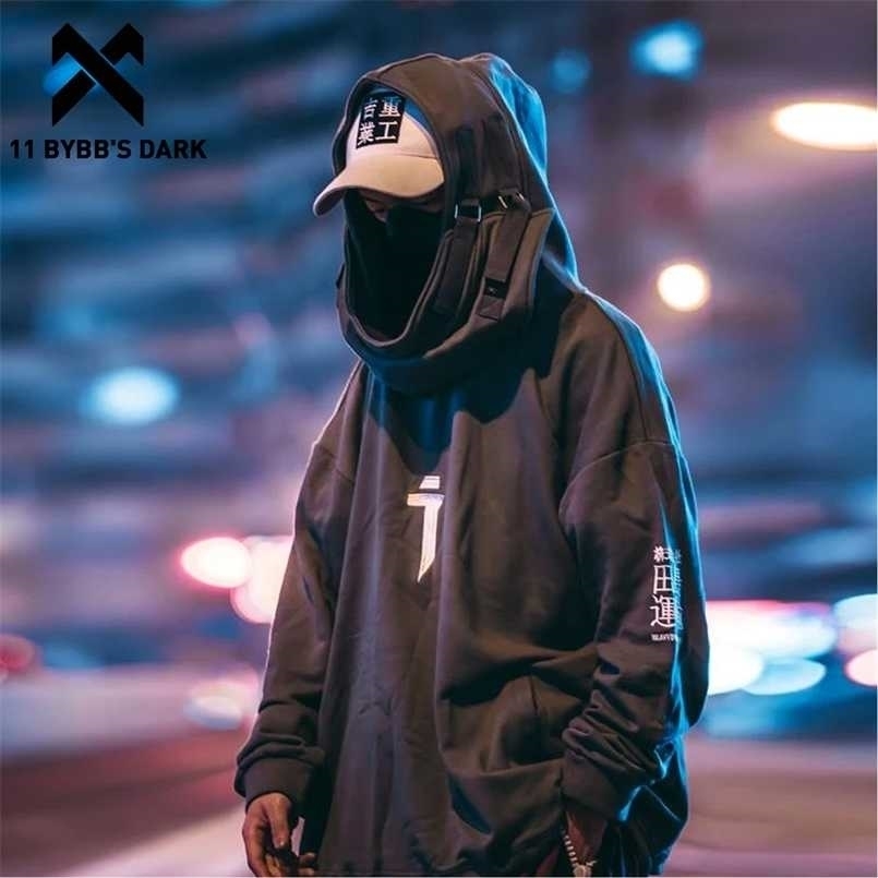 11 BYBB'S DARK Japanese Streetwear Hoodie Men Harajuku Neck Fish Mouth Pullovers Sweatshirts Oversized Hip Hop Hoodies Techwear 211014