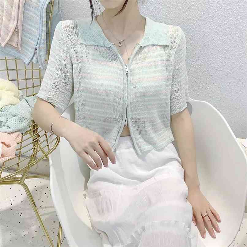 Korean fashion lapel stripe double zipper hit color short bead sweater summer top women's clothing 210520, White
Korean fashion lapel stripe double zipper hit color short bead sweater summer top women's clothing 210520, White